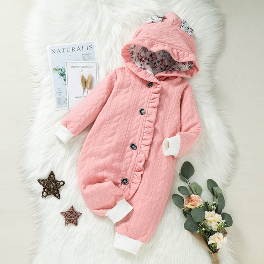 3D Ears Hooded  Pink Thickened Lined Baby Jumpsuit