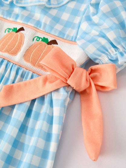 Halloween Pumpkin Embroidery Smocking Blue Plaid Dress