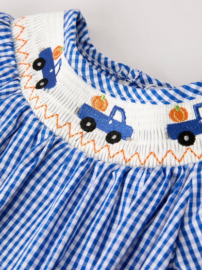 Fall Thanksgiving & Halloween Truck Smock Embroidery Baby Girl Romper
