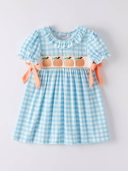 Halloween Pumpkin Embroidery Smocking Blue Plaid Dress
