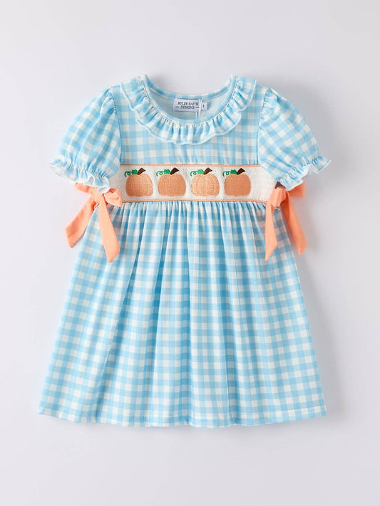 Halloween Pumpkin Embroidery Smocking Blue Plaid Dress