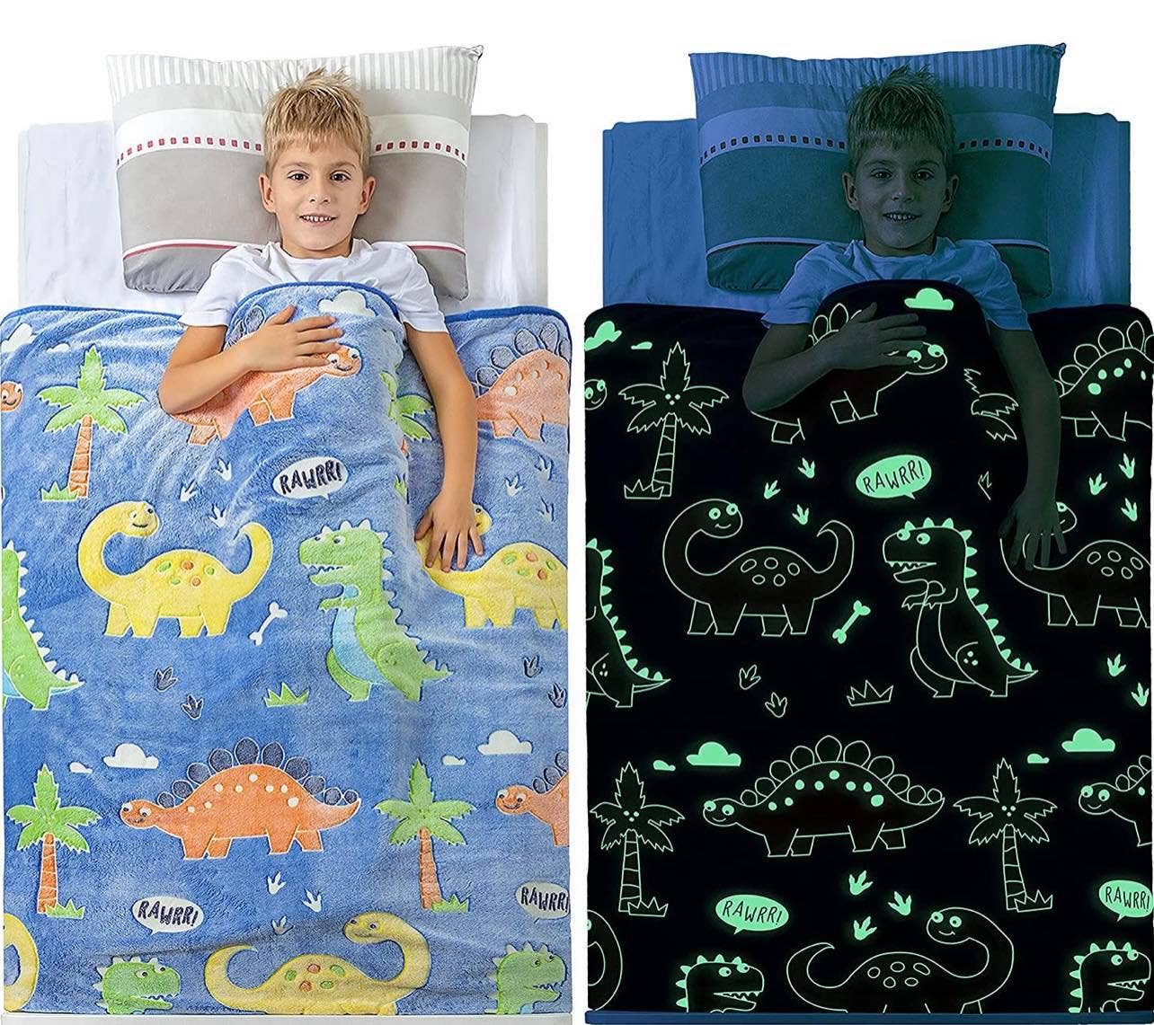 Glow in The Dark Dinosaur Blanket - Premium Soft Blue Fleece