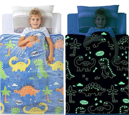 Glow in The Dark Dinosaur Blanket - Premium Soft Blue Fleece
