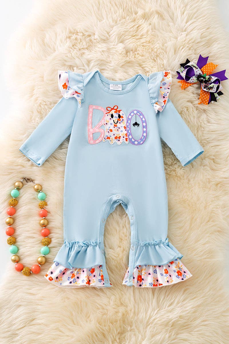 "BOO" Boo applique on Lt. Blue baby romper with floral trim. RPG51593 JEAN