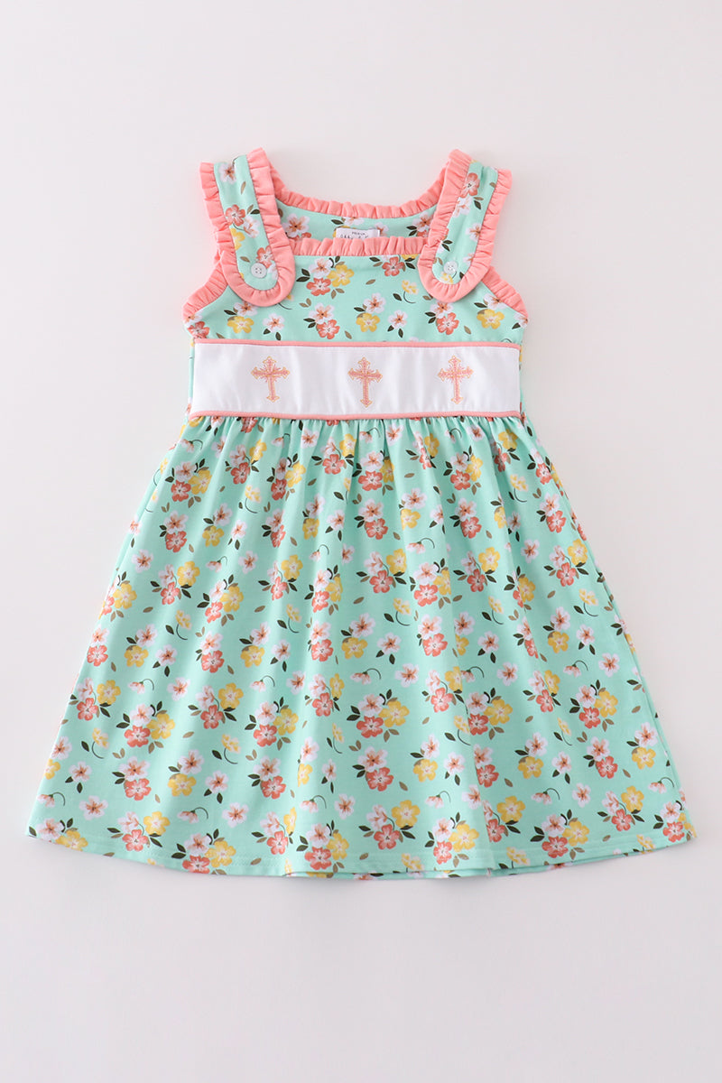 Green floral cross embroidered dress