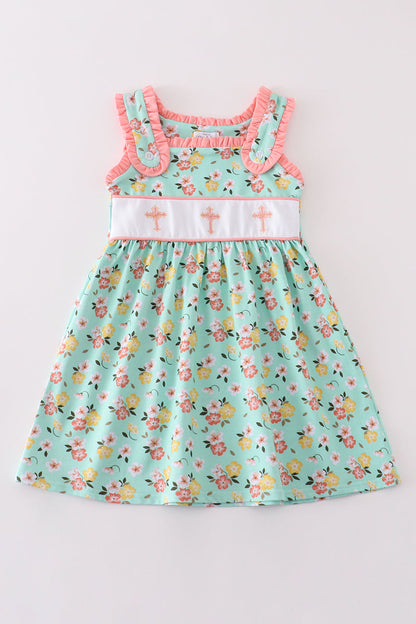 Green floral cross embroidered dress