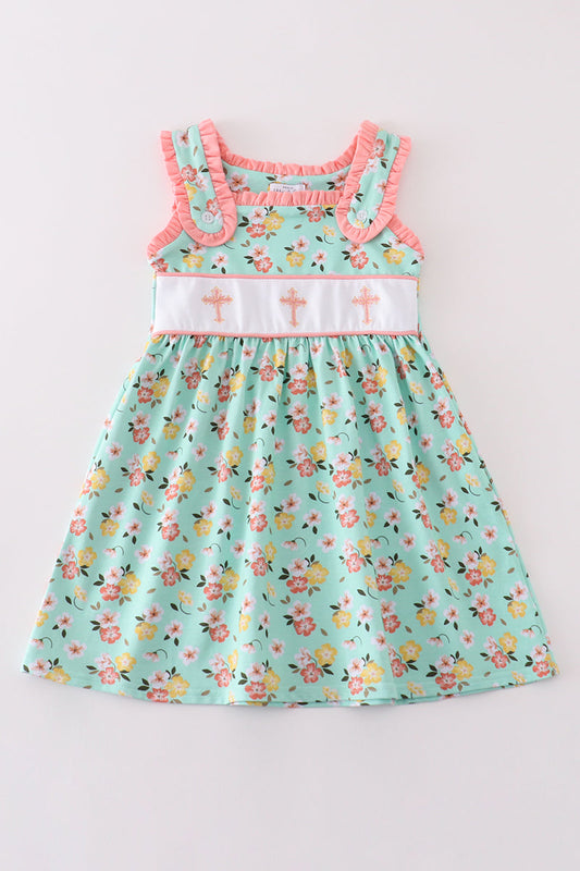 Green floral cross embroidered dress