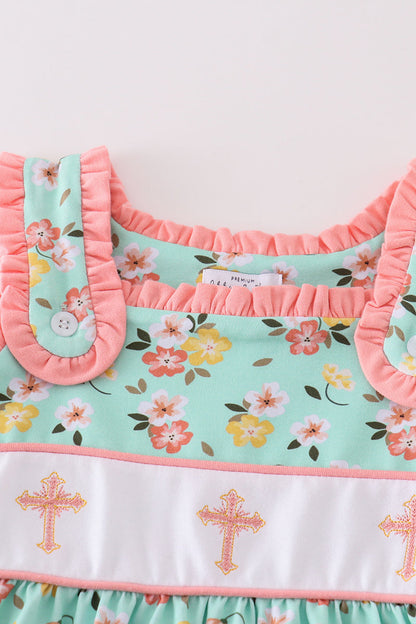 Green floral cross embroidered dress