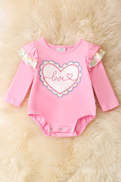 Pink Love, heart applique baby bodysuit with ruffle butt.