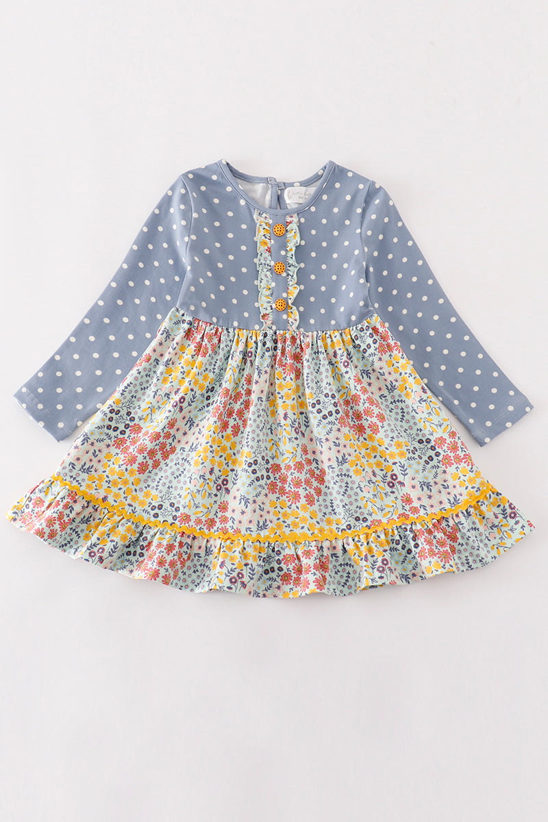 long sleeve blue floral print dot dress