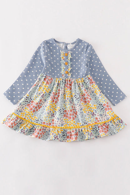 long sleeve blue floral print dot dress