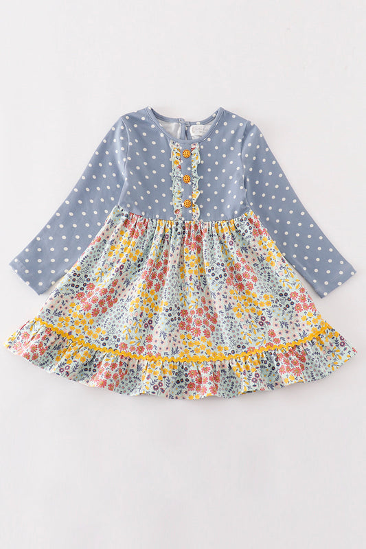 long sleeve blue floral print dot dress