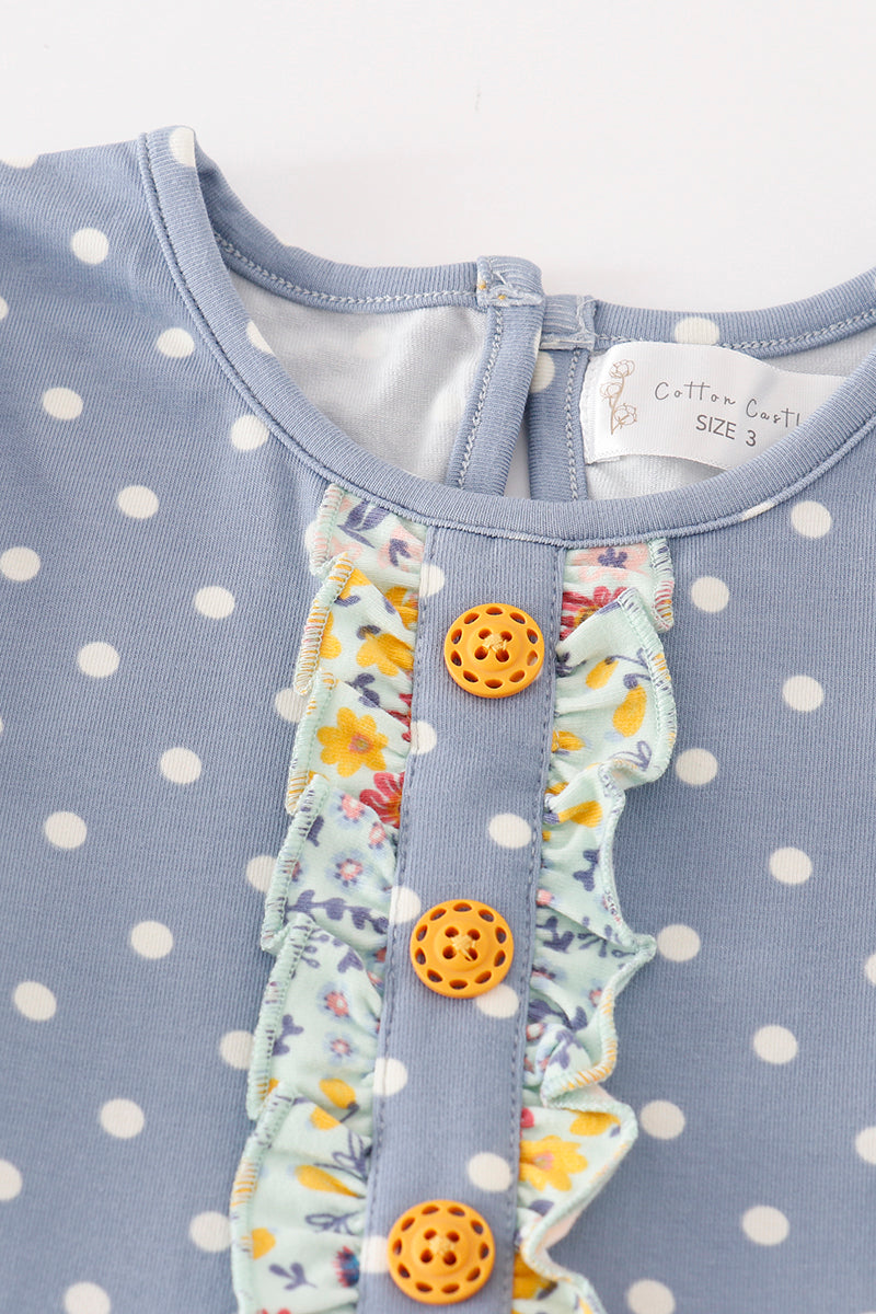 long sleeve blue floral print dot dress