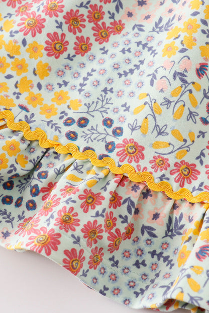 long sleeve blue floral print dot dress