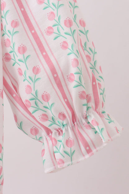 Floral tulip smocked bow bubble with ruffles