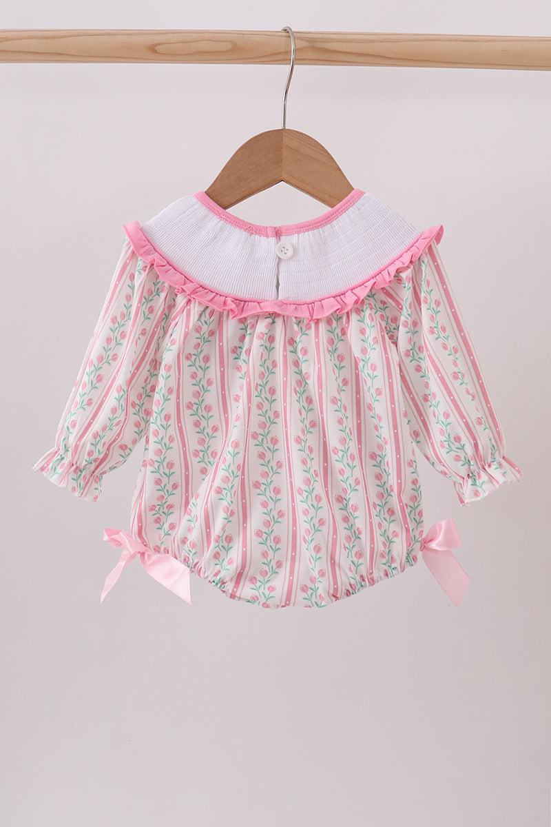 Floral tulip smocked bow bubble with ruffles