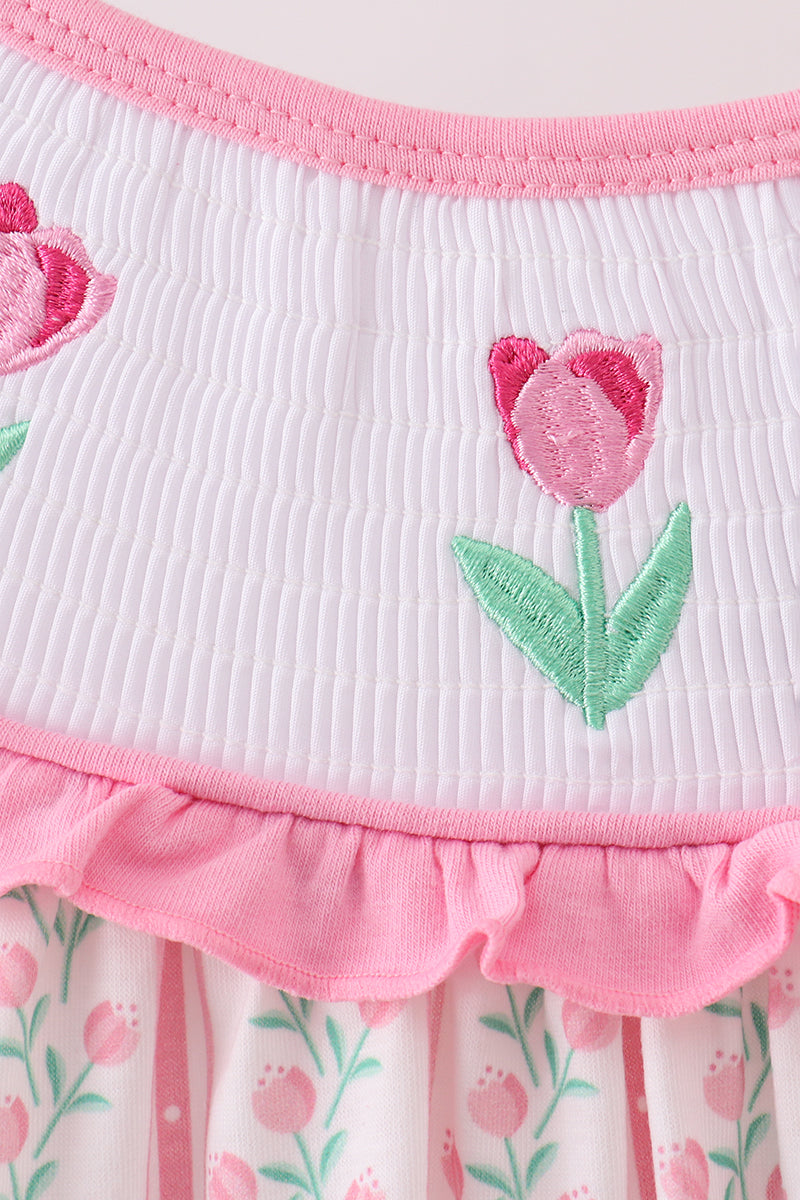 Floral tulip smocked bow bubble with ruffles