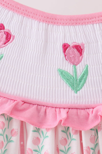 Floral tulip smocked bow bubble with ruffles