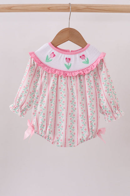 Floral tulip smocked bow bubble with ruffles