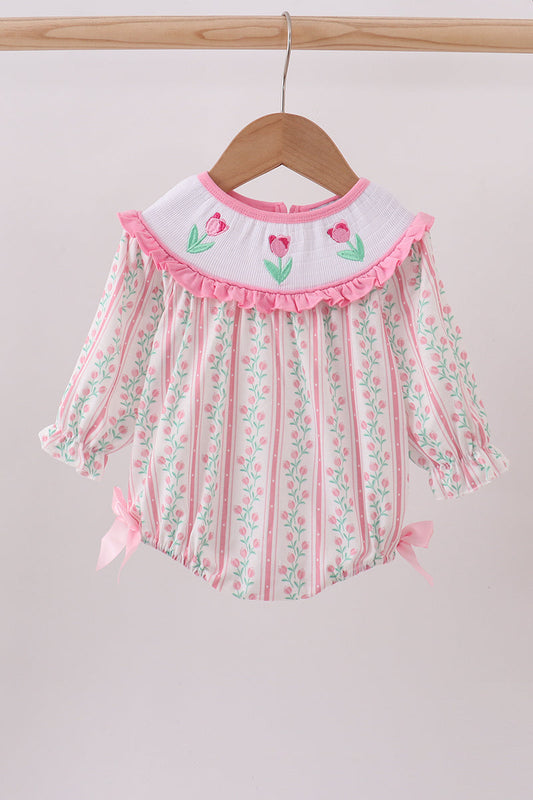 Floral tulip smocked bow bubble with ruffles