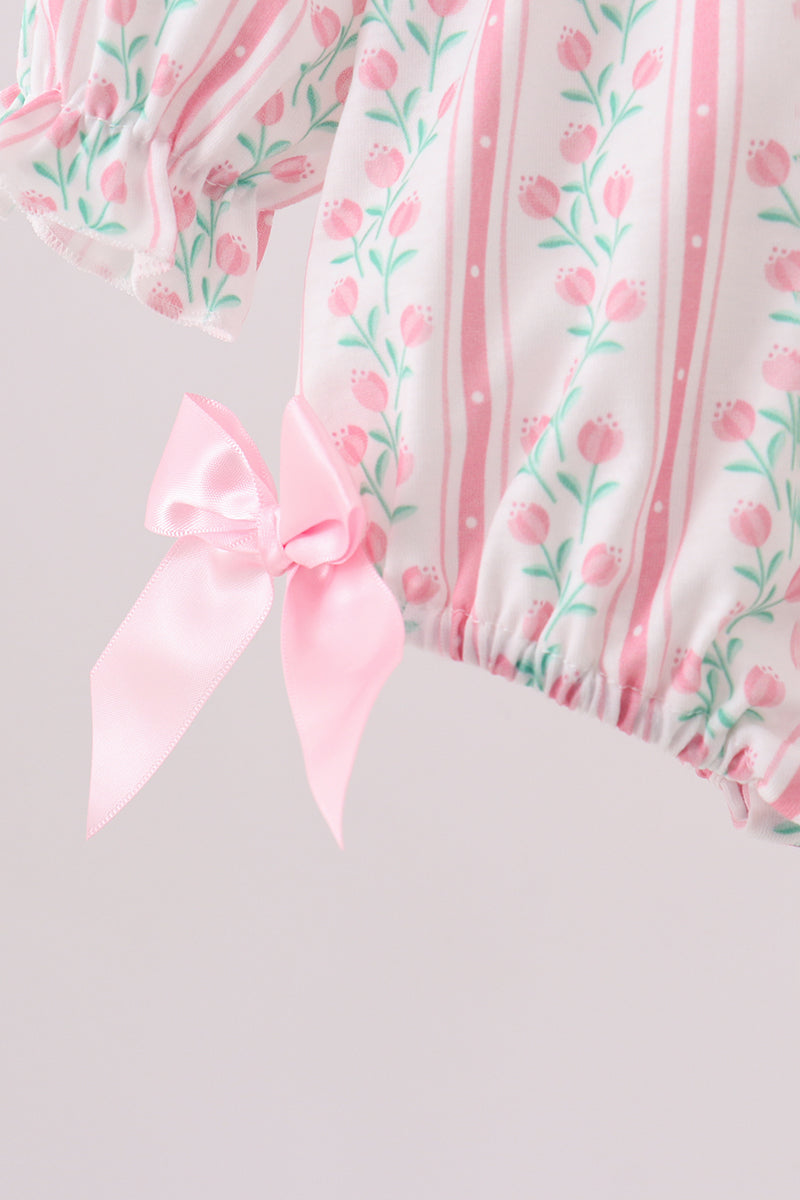 Floral tulip smocked bow bubble with ruffles