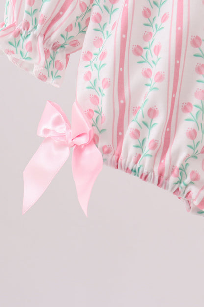 Floral tulip smocked bow bubble with ruffles