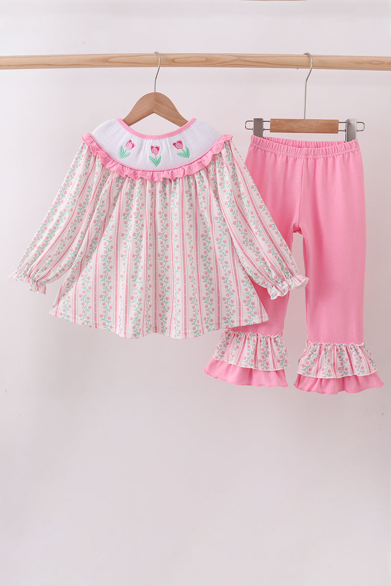 Floral tulip smocked ruffled pant set