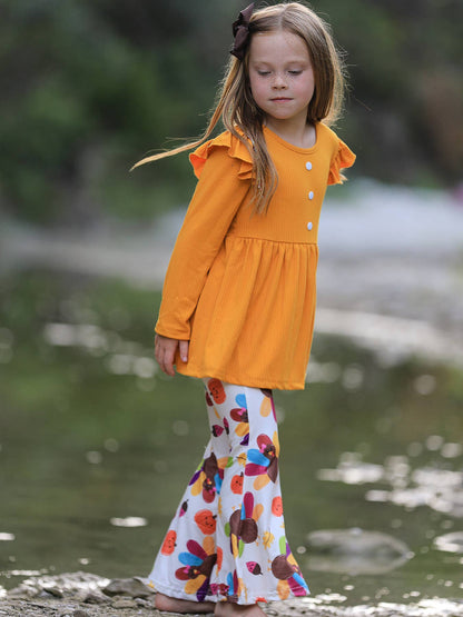 Fall Halloween & Thanksgiving Pumpkin Turkey Print Girls Long Sleeve Set