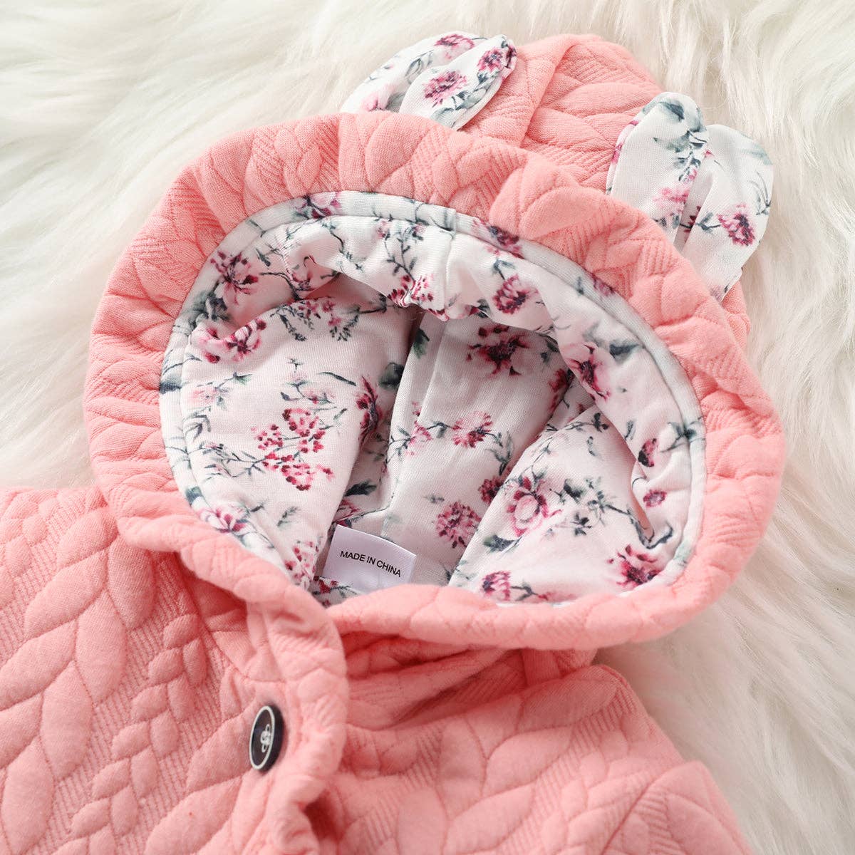 3D Ears Hooded  Pink Thickened Lined Baby Jumpsuit