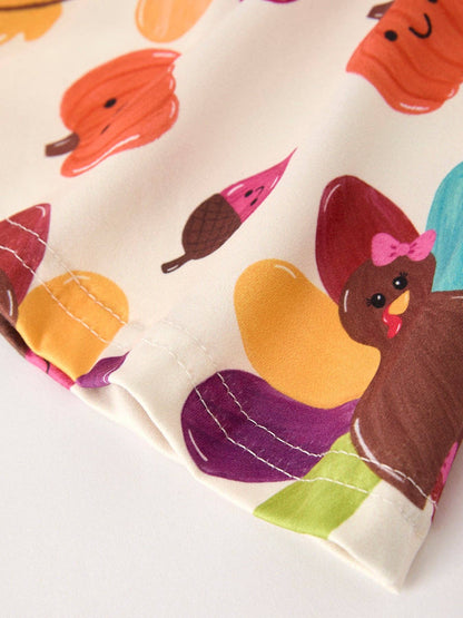 Fall Halloween & Thanksgiving Pumpkin Turkey Print Girls Long Sleeve Set