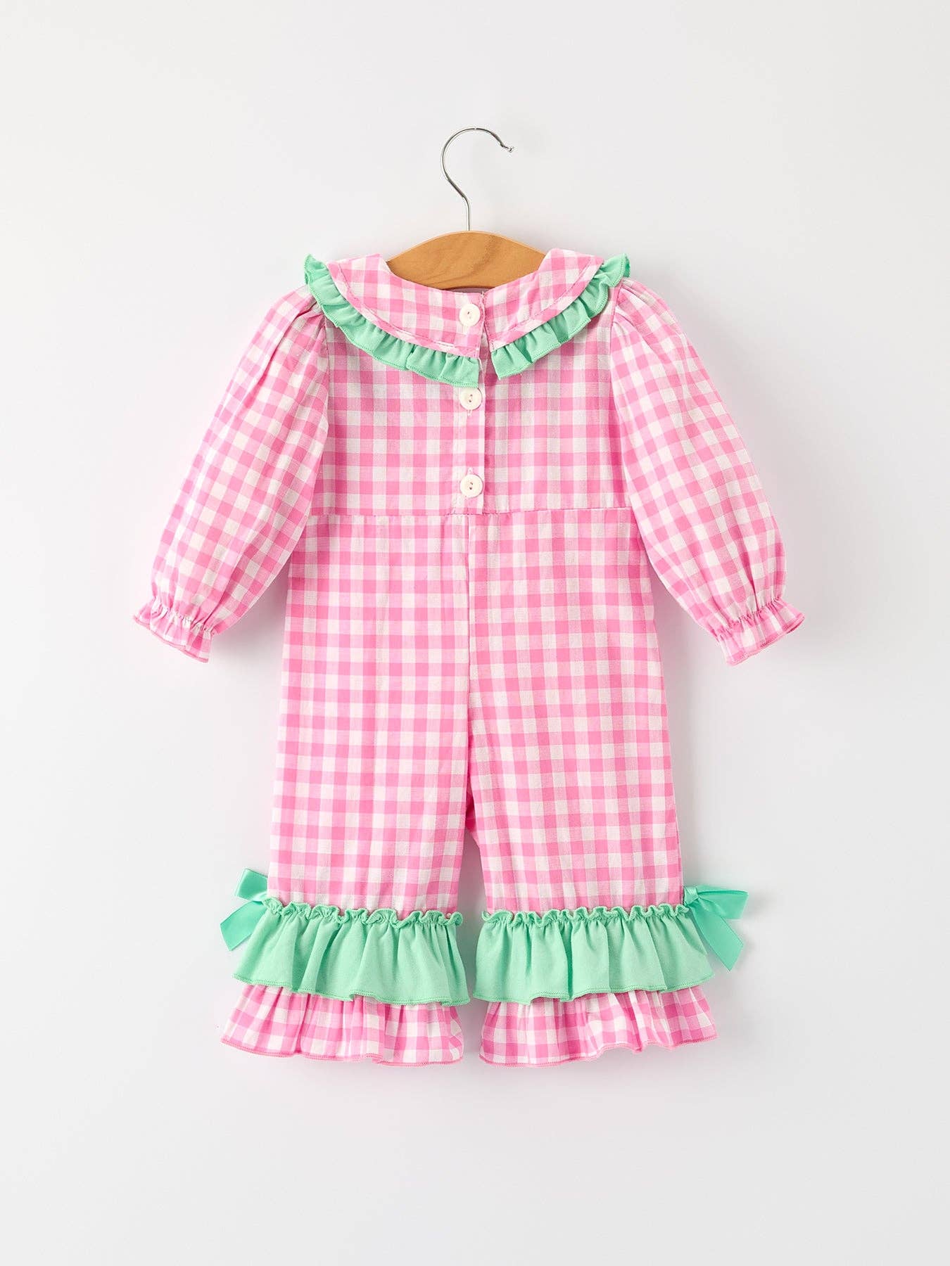 Christmas Green Santa Smocking Applique Plaid Baby Girls Romper
