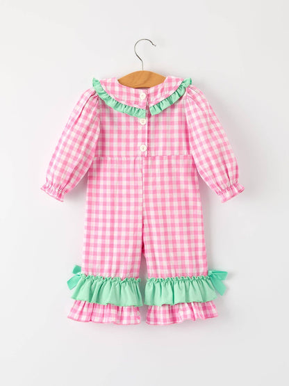 Christmas Green Santa Smocking Applique Plaid Baby Girls Romper