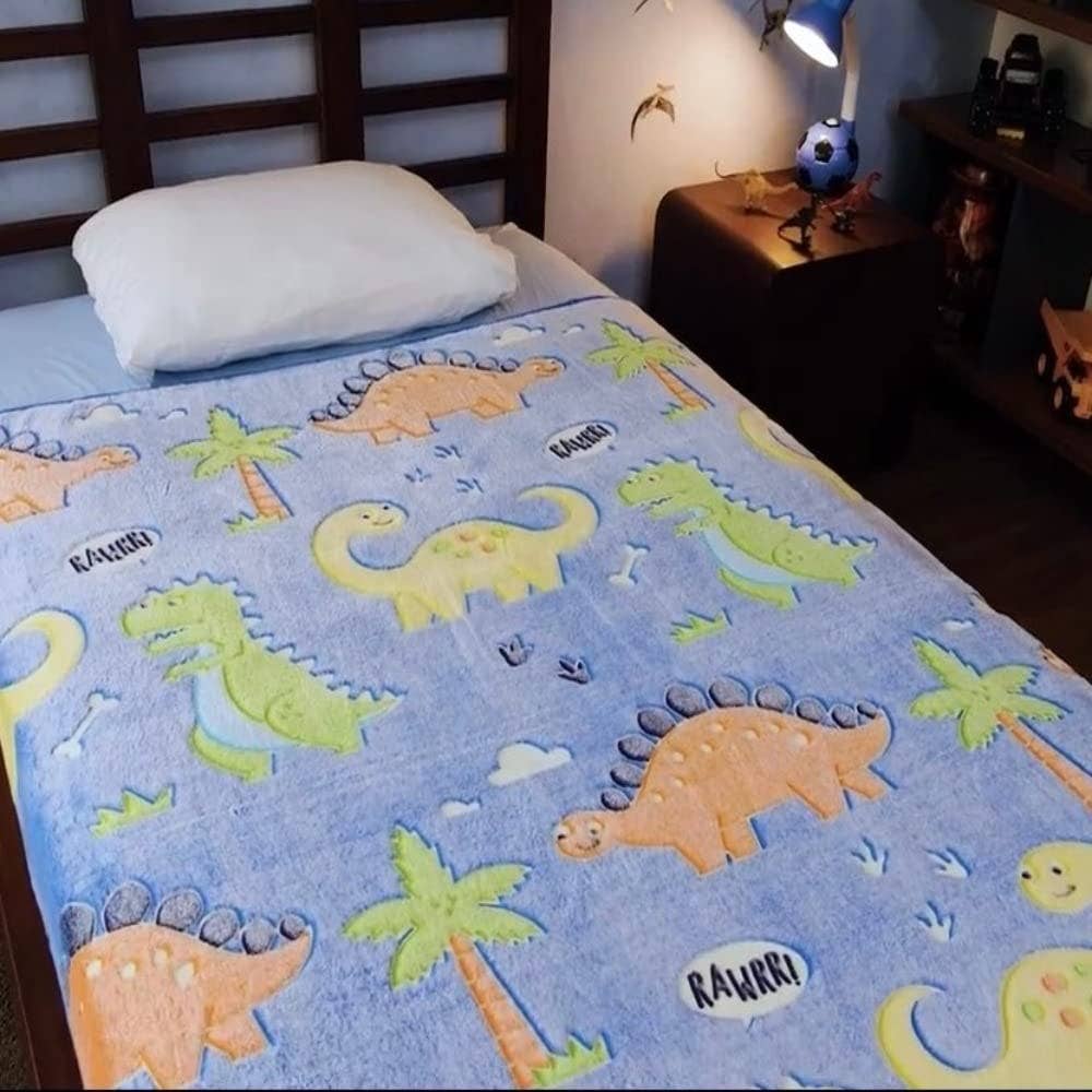 Glow in The Dark Dinosaur Blanket - Premium Soft Blue Fleece