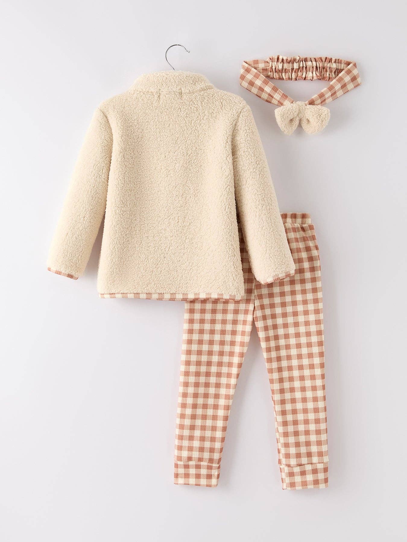 Thanksgiving Girls Fall Winter Furry Top Plaid Pants with Matching Headband