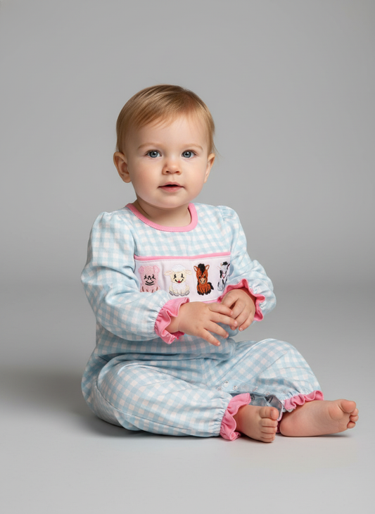 embroidered farm animal long sleeve romper