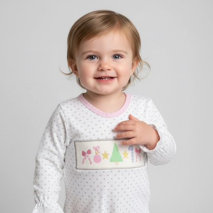 Embroidered Christmas tree, candy cane  ruffled romper