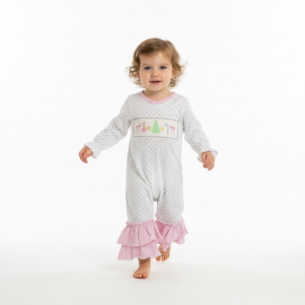 Embroidered Christmas tree, candy cane  ruffled romper