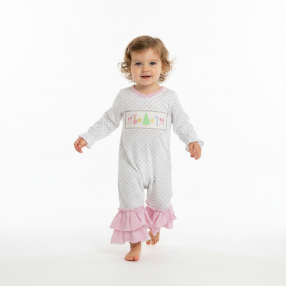 Embroidered Christmas tree, candy cane  ruffled romper