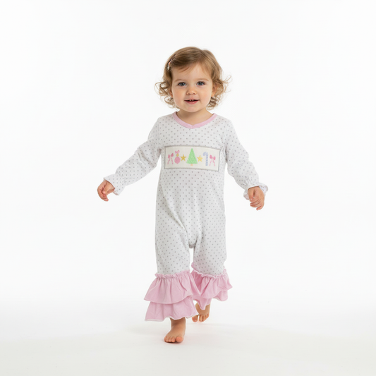 Embroidered Christmas tree, candy cane  ruffled romper