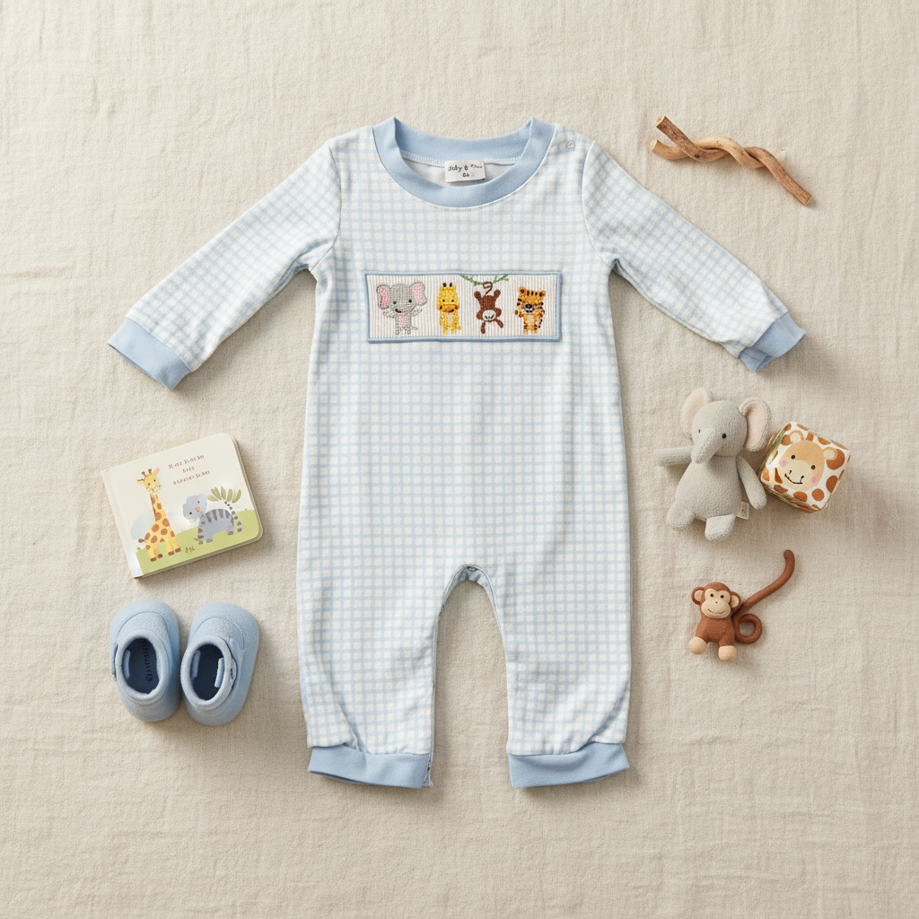 Zoo animal smocked baby romper
