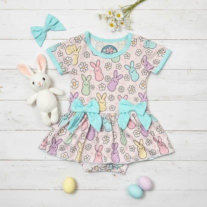 Pastel bamboo bunny romper dress with snap bottom