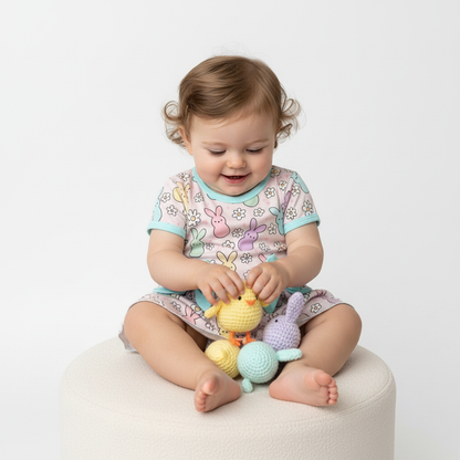 Pastel bamboo bunny romper dress with snap bottom