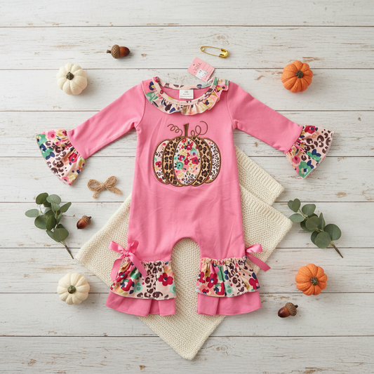 Pink Cheetah pumpkin ruffled romper