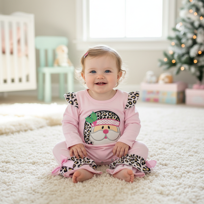Pink santa leopard ruffled romper