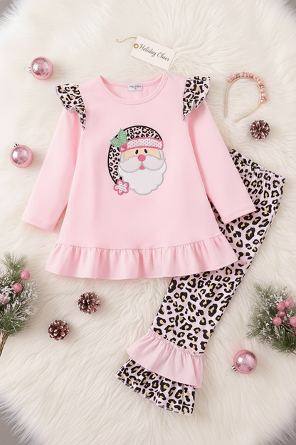 Pink leopard santa ruffle pant set