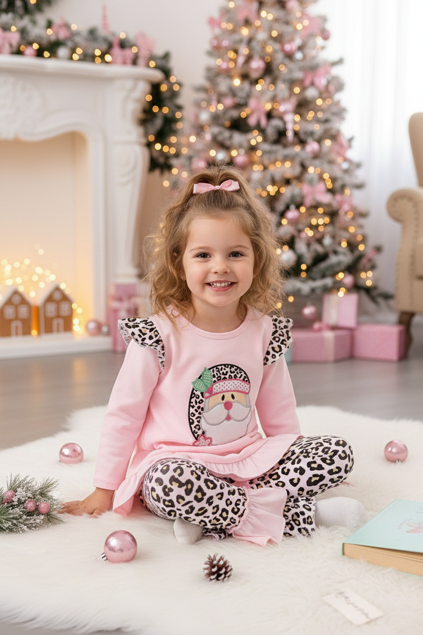 Pink leopard santa ruffle pant set