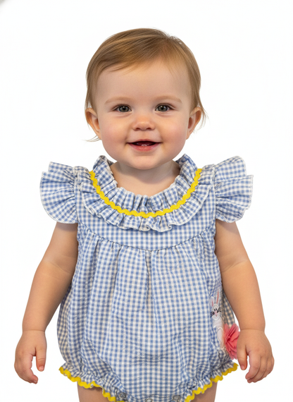 Blue gingham bubble romper