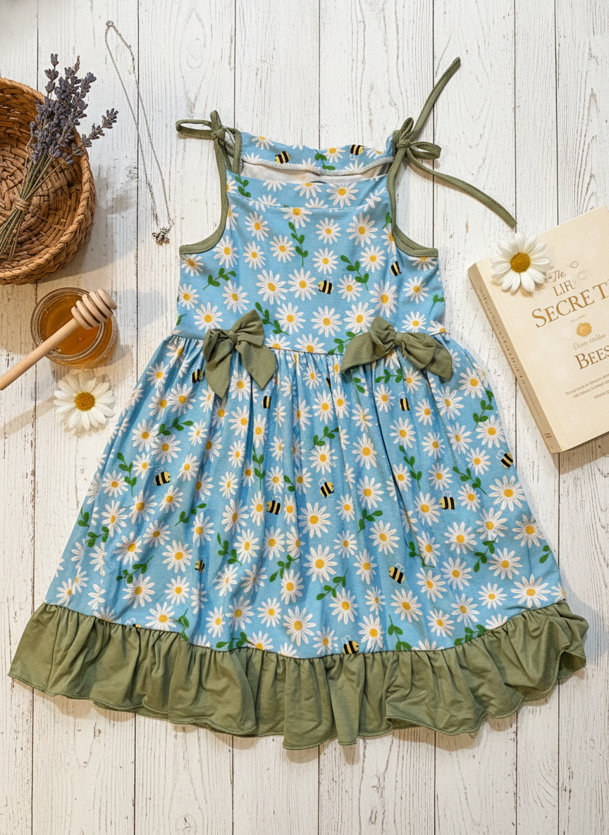Bee happy bamboo dress with matching bow headband
