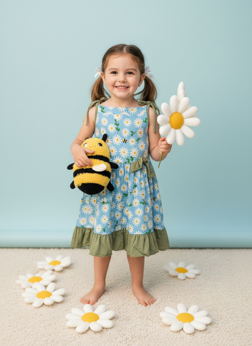 Bee happy bamboo dress with matching bow headband