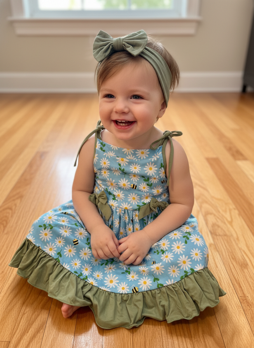 Bee happy bamboo dress with matching bow headband